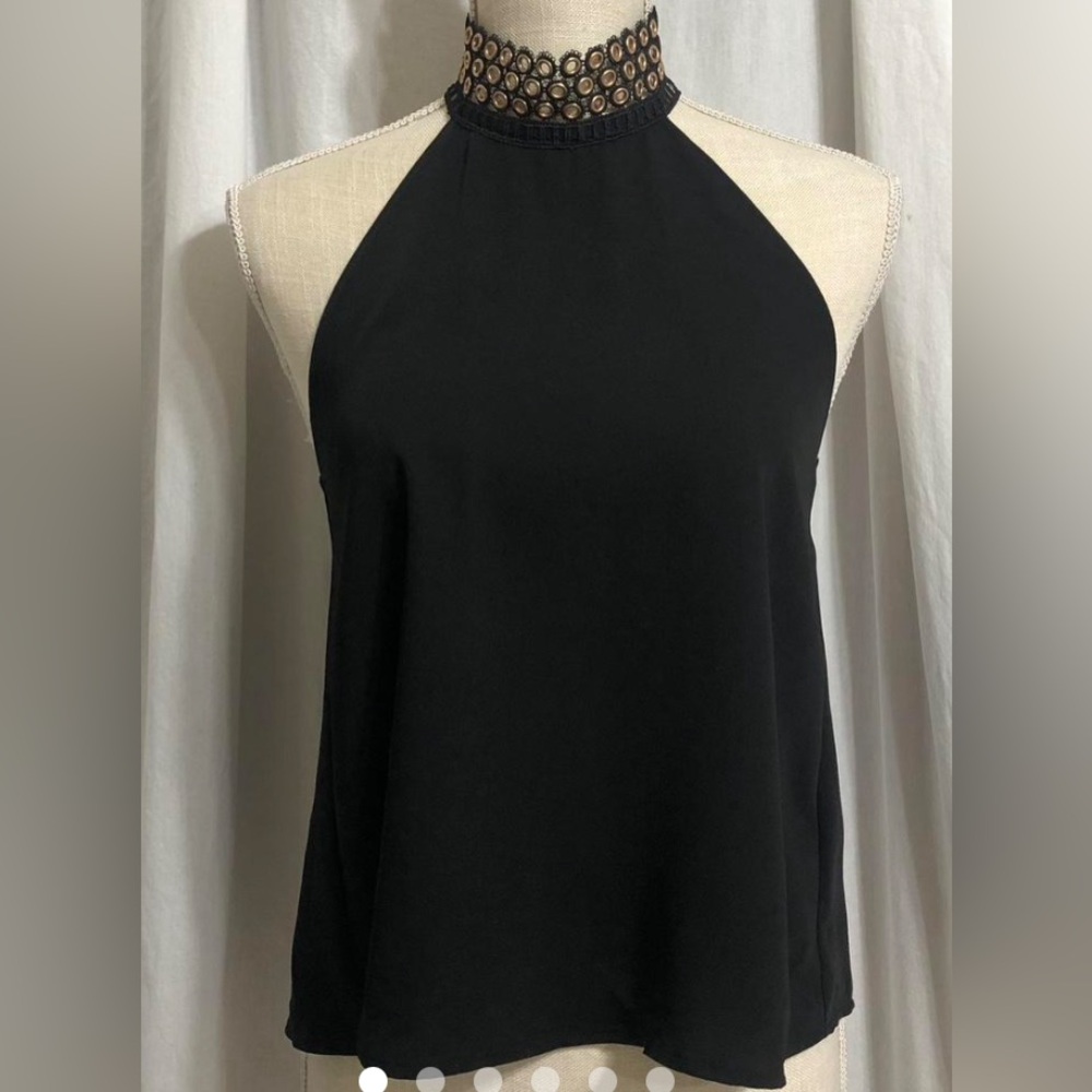 Zara Black with Gold-tone Eyelet Neck Halter Top - backless with ties Sz Med
